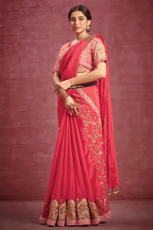 Pink Crepe Silk Saree with Embroidery