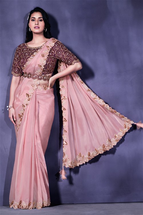 Peach Crepe Satin Silk Saree with Beads and Sequin