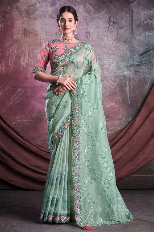 Sea Green Embroidered Saree with Sequins Work in Net Organza 