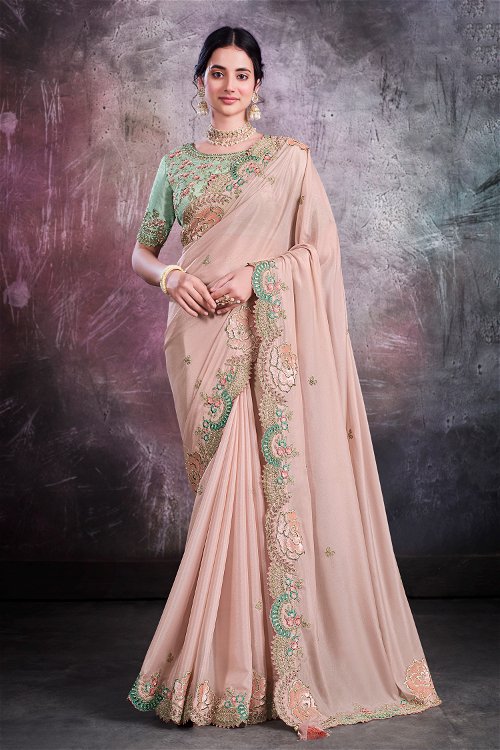 Peach Pink Saree with Sequins Work Along with Cutwork Border in Shimmer Georgette