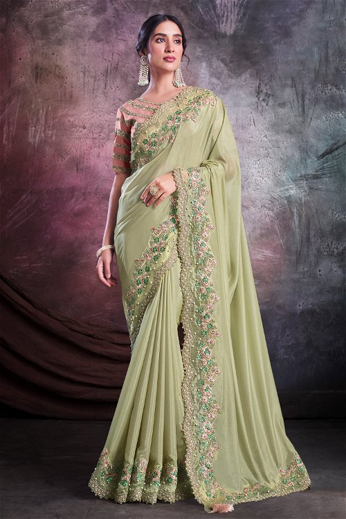 Pistachio Green Saree in Shimmer Georgette with Heavy Cutwork Border