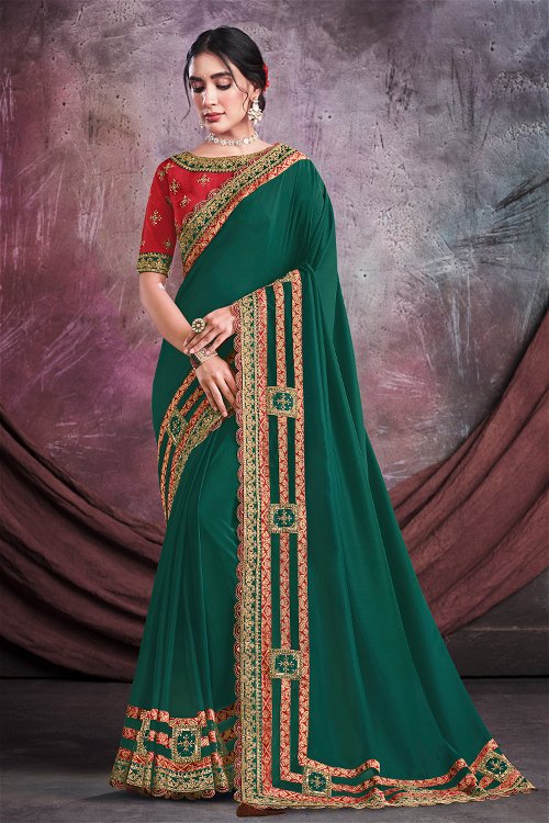 Dark Green Embroidered Saree in Satin Silk
