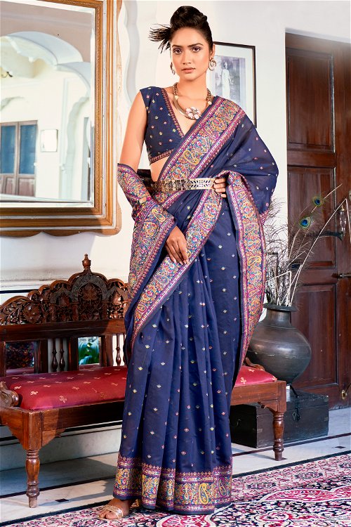 Art Silk Saree with Multi Colored Floral Jaal in Pallu and  Paisley Motif with Woven Border