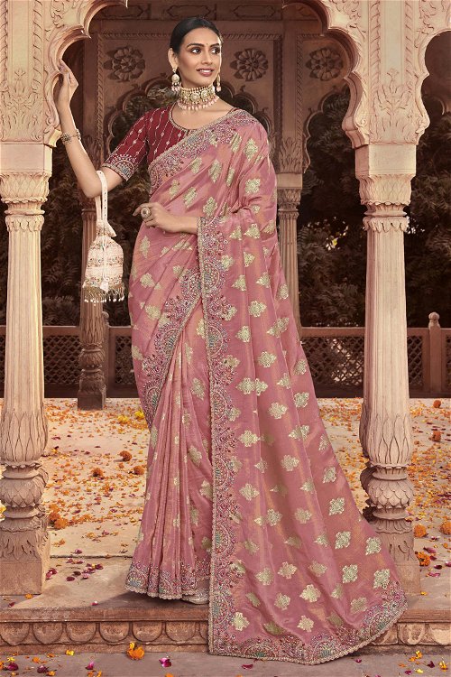 Light Carmine Pink Woven Saree in Viscose Jacquard with Embroidery Work