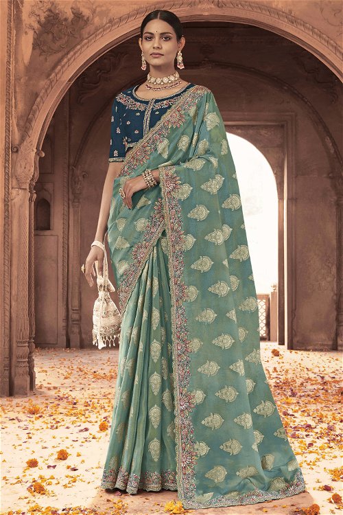 Lincoln Green Woven Saree in Viscose Jacquard with Embroidery Work