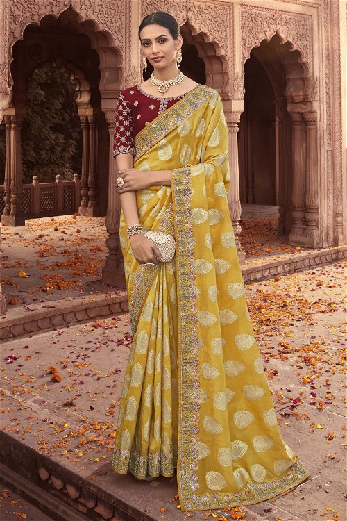 Medallion Yellow Woven Saree in Viscose Jacquard with Embroidery Work