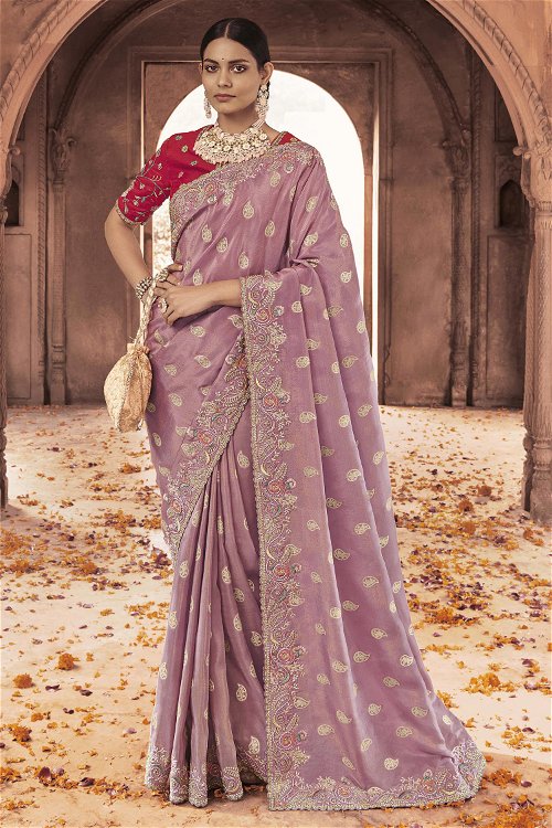 Opera Mauve Woven Saree in Viscose Jacquard with Embroidery Work
