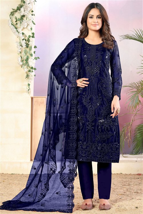 Navy Blue Net Embroidered Straight Cut Suit