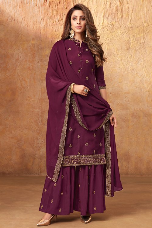 Wine Purple Art Silk Embroidered Sharara Suit