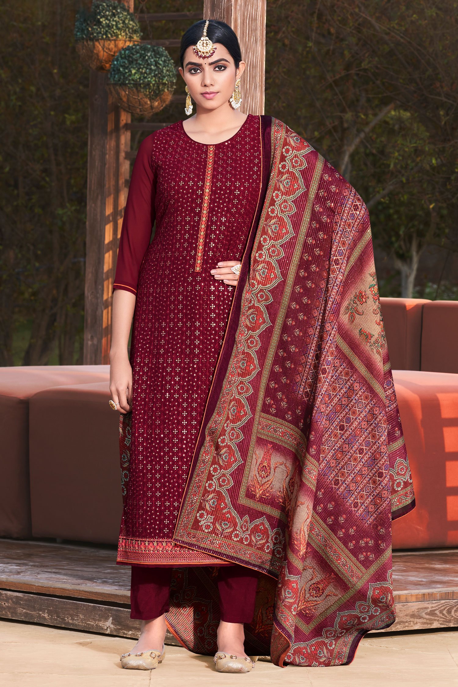 Maroon Georgette Embroidered Suit