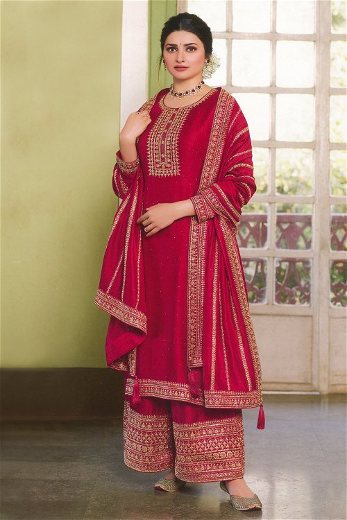 Prachi Desai Red Georgette Silk Palazzo Suit