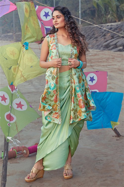 Light Green Georgette Crop Top with Dreped Style Dhoti Suit