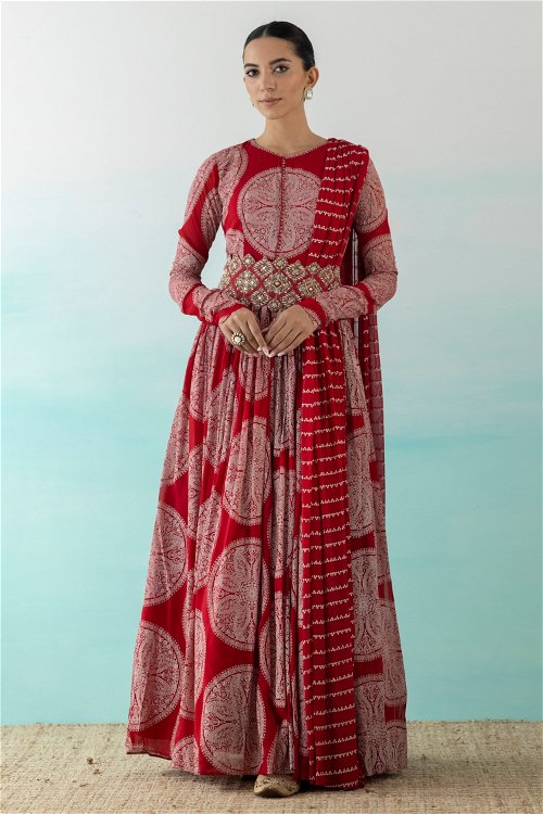 Red Georgette Paisley Printed Anarkali Suit
