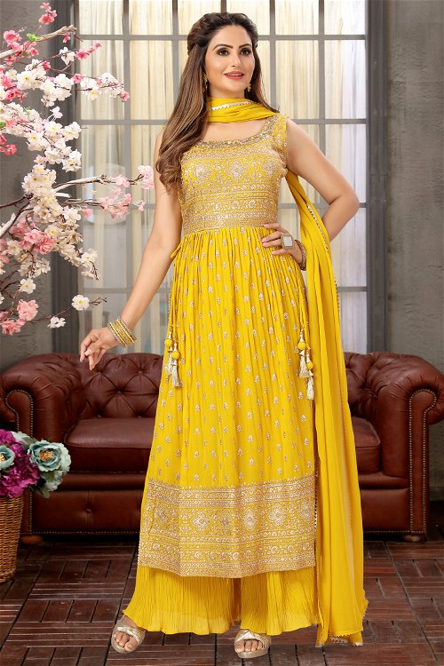 Yellow Georgette Sequinned Palazzo Suit