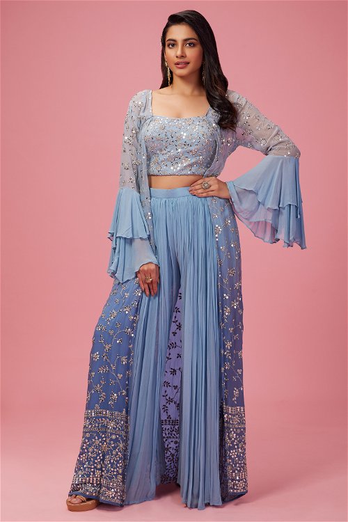 Light Blue Georgette Crop Top Palazzo with Jacket