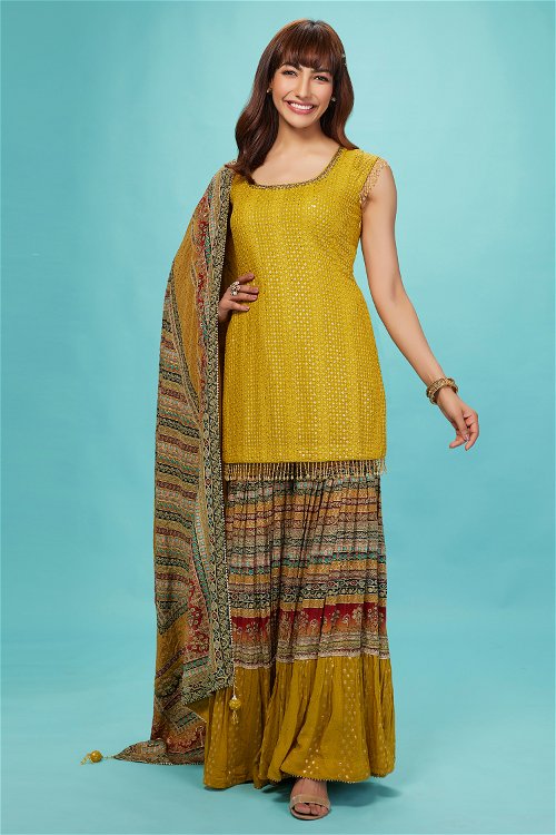Yellow Georgette Sequinned Sharara Suit