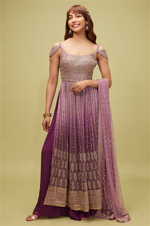 Purple Ombre Georgette Sequinned Palazzo Suit