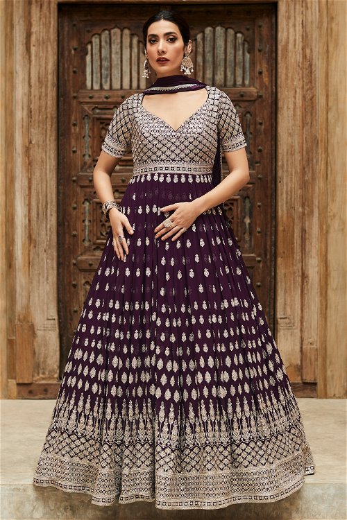 Wine Purple Georgette Flared Anarkali Suit with Sequins