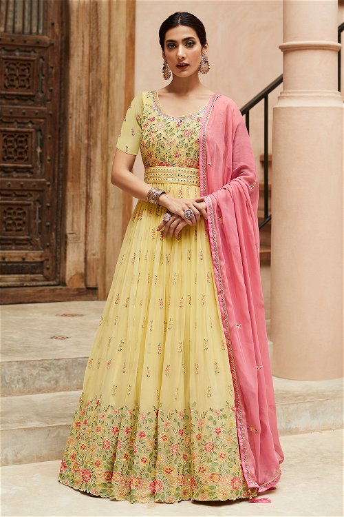 Yellow Georgette Floral Embroidered Anarkali Suit