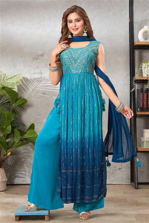 Blue Shaded Georgette Sequinned Palazzo Suit