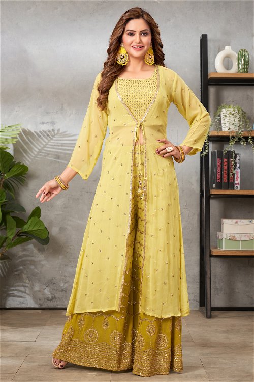 Light Yellow Georgette Sequinned Crop Top Palazzo with Jacket