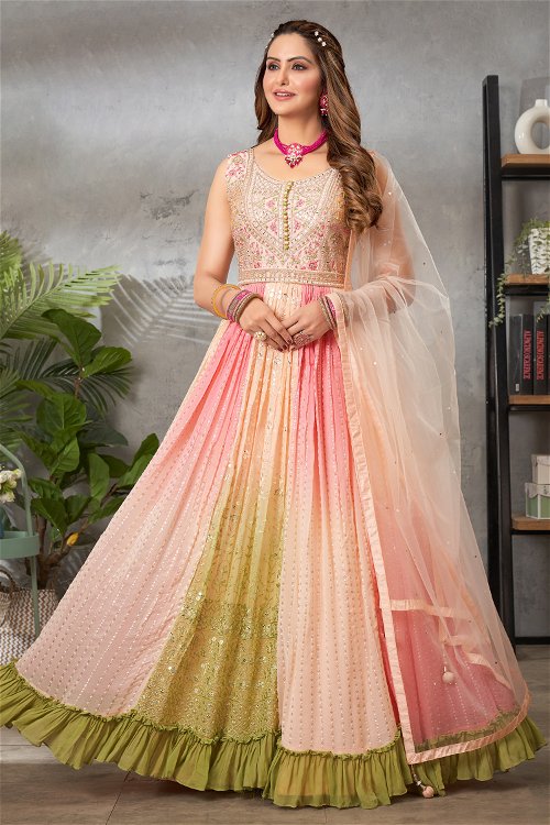Peach and Green Georgette Sequinned Anarkali Suit