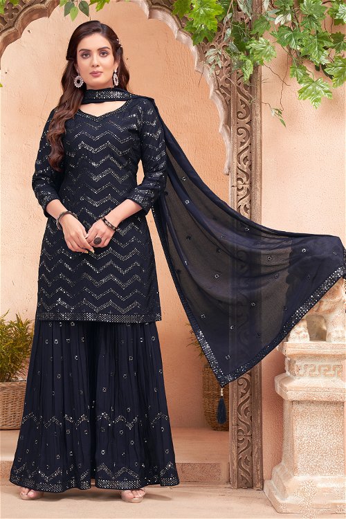 Dark Blue Zig Zag Sequinned and Embroidered Sharara Suit in Georgette