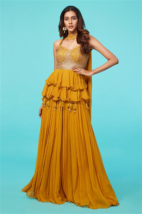 Marigold Yellow Palazzo and Layered Peplum in Georgette with Sequin and Embrodiery with Fancy Tassels