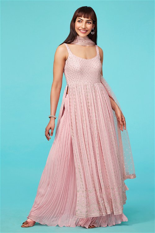 Lamonade Pink Colored Sequin and Applique Worked Straight Cut Palazzo Suit in Georgette