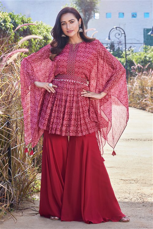 Redish Red Peplum Style Sequinned Palazzo Set in Georgette