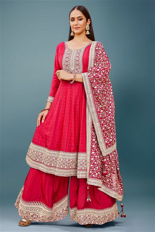 Raspberry Red Sequins Embroidery Anarkali Palazzo Suit in Silk
