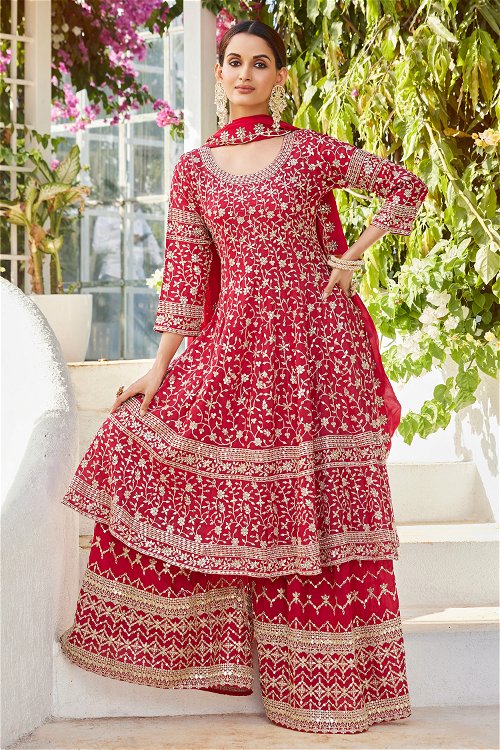 Red Sequins Embroidery Jaal Work Anarkali Palazzo Suit in Crepe