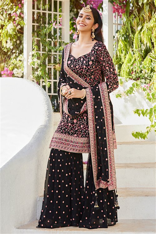 Black Sharara Suit in Georgette with Multi Colored Floral Embroidery Jaal Work