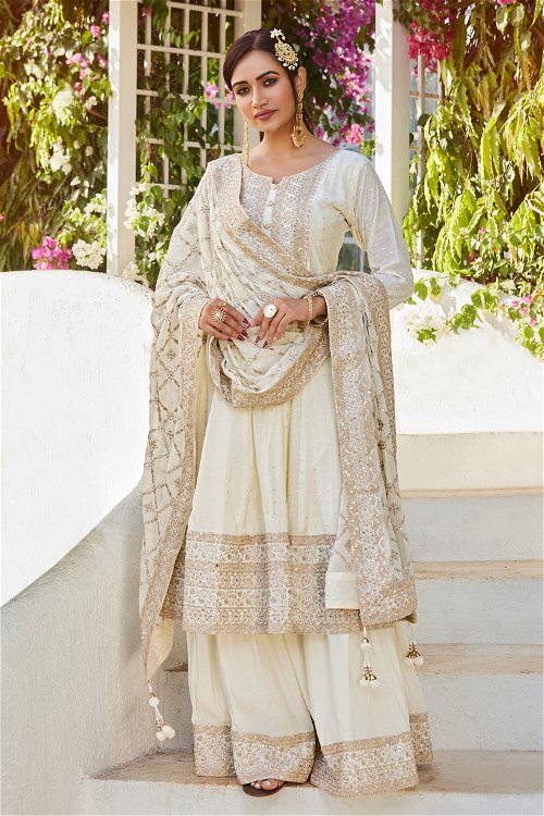 Pearl White Embroidery Sequins Anarkali Suit in Silk