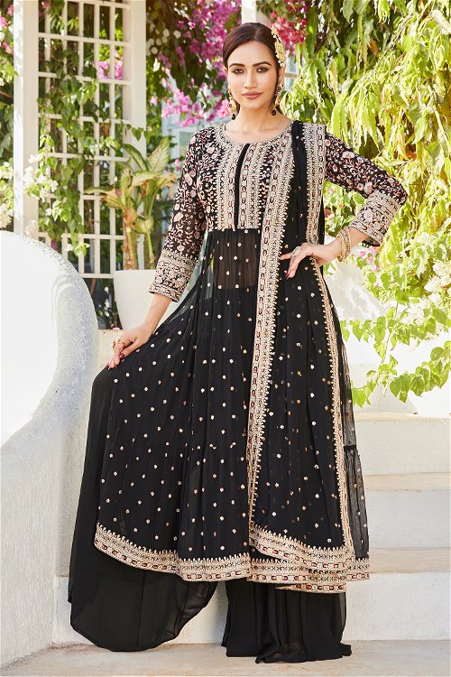 Black Georgette Straight Cut Palazzo Suit in Georgette with Sequins Embroidery
